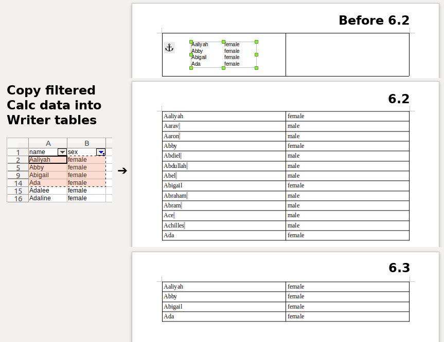 Kun filtrerede rækker af data fra filtrering i Calc kopieres til tabel i Writer