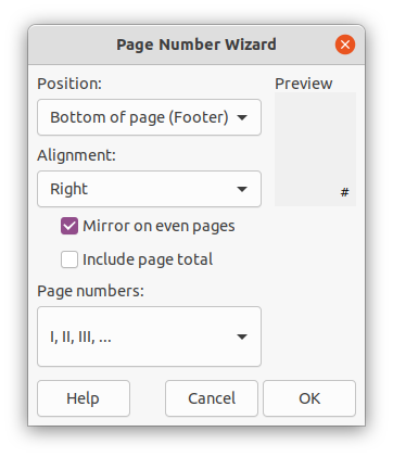 Page Number Wizard dialoogvenster