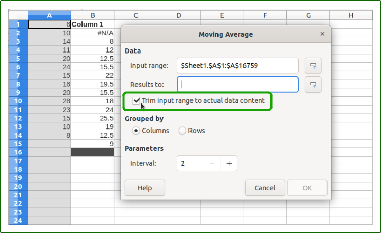 Moving Average dialog with the new “trim input range” checkbox.