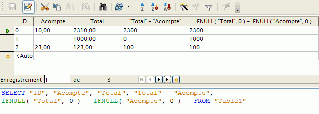 The first calculation results in null (incorrectly shown) for row "1" because "Acompte" has no value