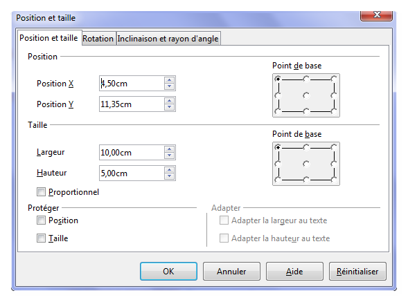 screenshot of the Position and Size dialog