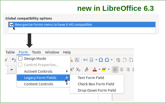 Microsoft-kompatible formularmenu i Writer