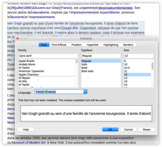 Screen capture of the "Character" options modal in LibreOffice Writer on a Mac