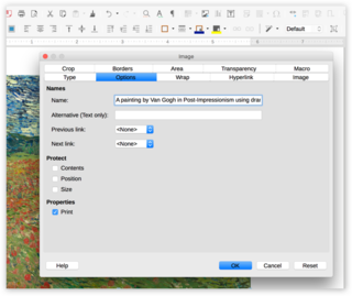 Screen capture of an image's options in LibreOffice Writer on a Mac