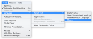 Screen capture of the "Tools" menu highlighting "Language" in LibreOffice Writer on a Mac
