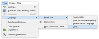 Screen capture of the "Tools" menu highlighting "Language" in LibreOffice Impress on a PC