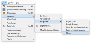 Screen capture of the "Tools" menu highlighting "Language" in LibreOffice Writer on a PC