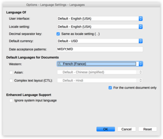 Знімок екрана модального вікна параметрів "Мова" у LibreOffice Impress на Mac