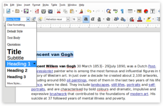 Знімок екрана розкривного меню Стиль абзацу у LibreOffice на ПК