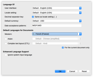 Screen capture of the "Language" options modal in LibreOffice Writer on a Mac