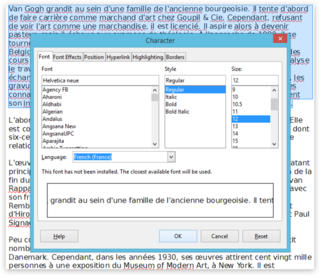 Screen capture of the "Character" options modal in LibreOffice Writer on a PC