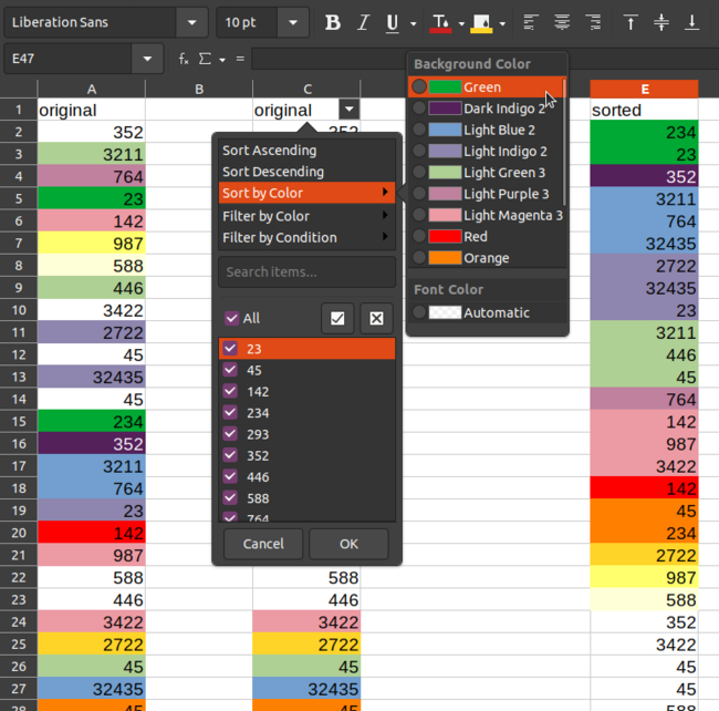 オートフィルターで色別に並べ替える。左は順序付けされていない元のデータで、右側は色順に並べられたデータです。