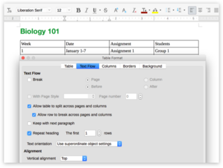 Знімок екрана параметрів формату таблиці у LibreOffice Writer на Mac