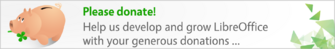 Banner with piggy bank and geometric logo. Text reads: נא לתרום! נשמח לכל עזרה שתסייע לנו לגדול ולפתח את LibreOffice עם תרומותיכם הנדיבות…