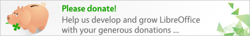 Banner with piggy bank and geometric logo. Text reads: Please Donate! Help us grow and develop LibreOffice with your generous donations...
