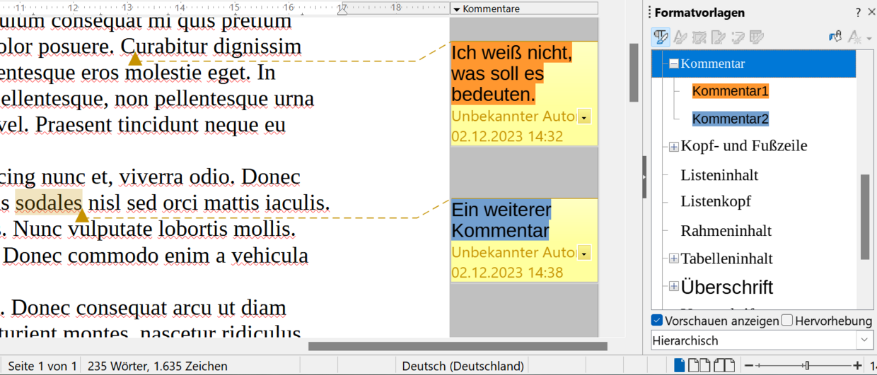 Screenshot eines Writer-Dokuments mit zwei Kommentaren, einer mit orangefarbenem Hintergrund und Schwerpunkt auf dem Inhalt, der andere mit blauem Hintergrund und Schwerpunkt auf der Formatierung.