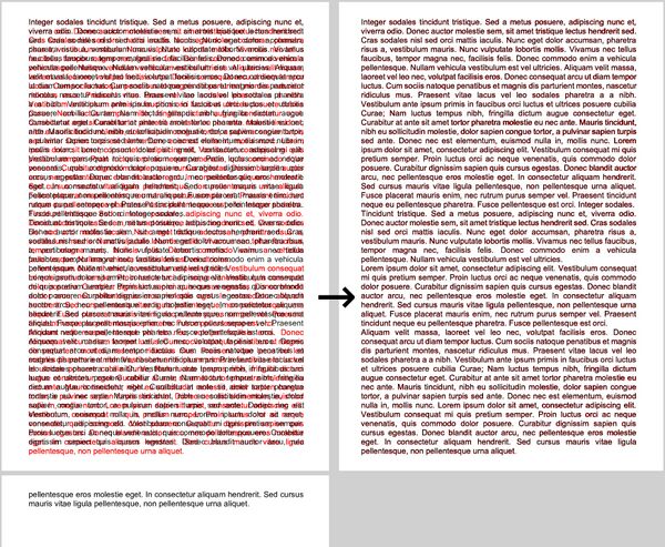 Primerjava strani s postavitvijo črk v programu Writer (črno) in MS Word (rdeče): dvostransko besedilo Lorem se je v Writerju strnilo na eno stran, tako kot v programu MS Word.