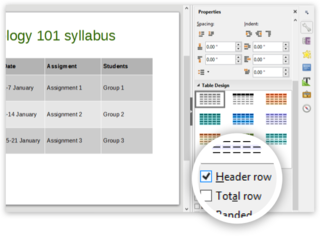 Screen capture of Table Design options highlighting the "Header row" option in LibreOffice Impress on a PC