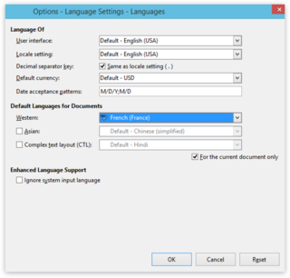 Screen capture of the "Language" options modal in LibreOffice Impress on a PC