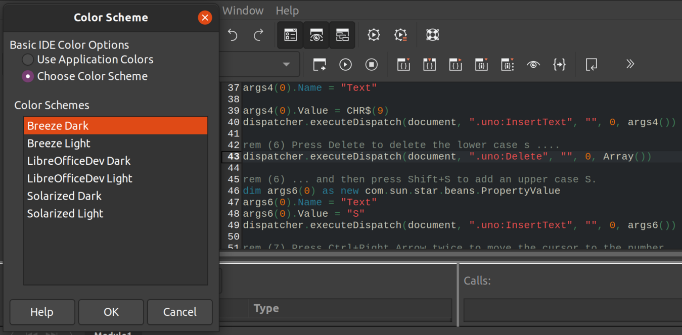 Color Scheme dialog opened, with the "Breeze Dark" scheme selected and applied to the code in the background.