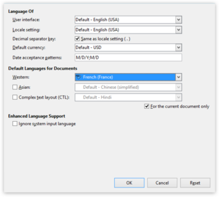 Screen capture of the "Language" options modal in LibreOffice Writer on a PC