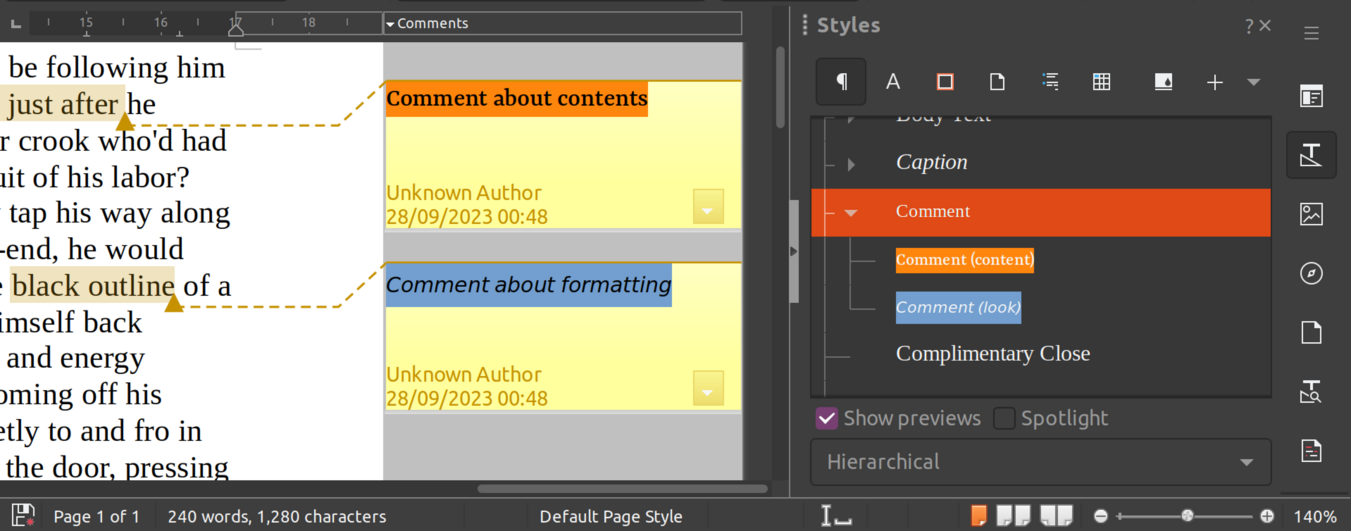 Captura de un documento de Writer con dos comentarios, uno con el fondo en naranja y enfocado en el contenido, el otro con un fondo azul enfocado en el formato.