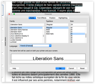 Screen capture of the "Character" options modal in LibreOffice Impress on a Mac