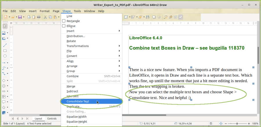 Combine text boxes from e.g. imported PDF files in Draw