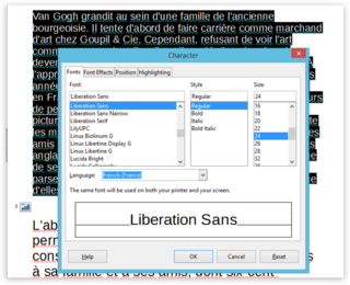 Screen capture of the "Character" options modal in LibreOffice Impress on a PC