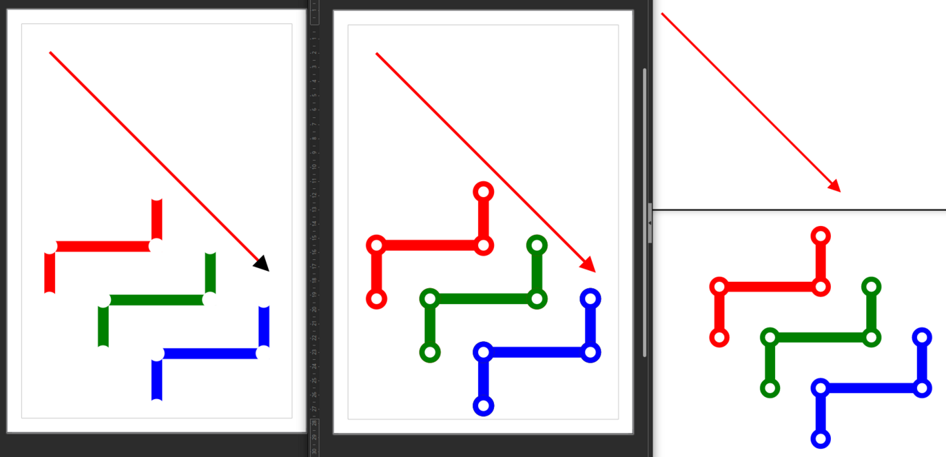 context-fill (arrow head) and context-stroke (bottom circles). Left is without support, middle is with support, right is reference (Firefox 126.0).