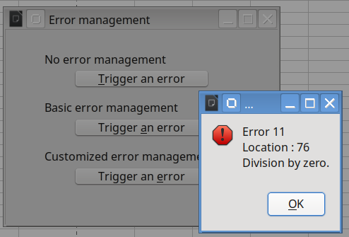 An informative dialog that pops up when error occur in event.