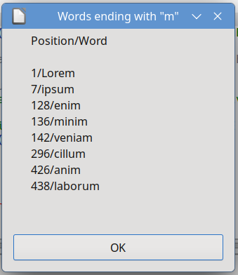 All words found that end with "m".
