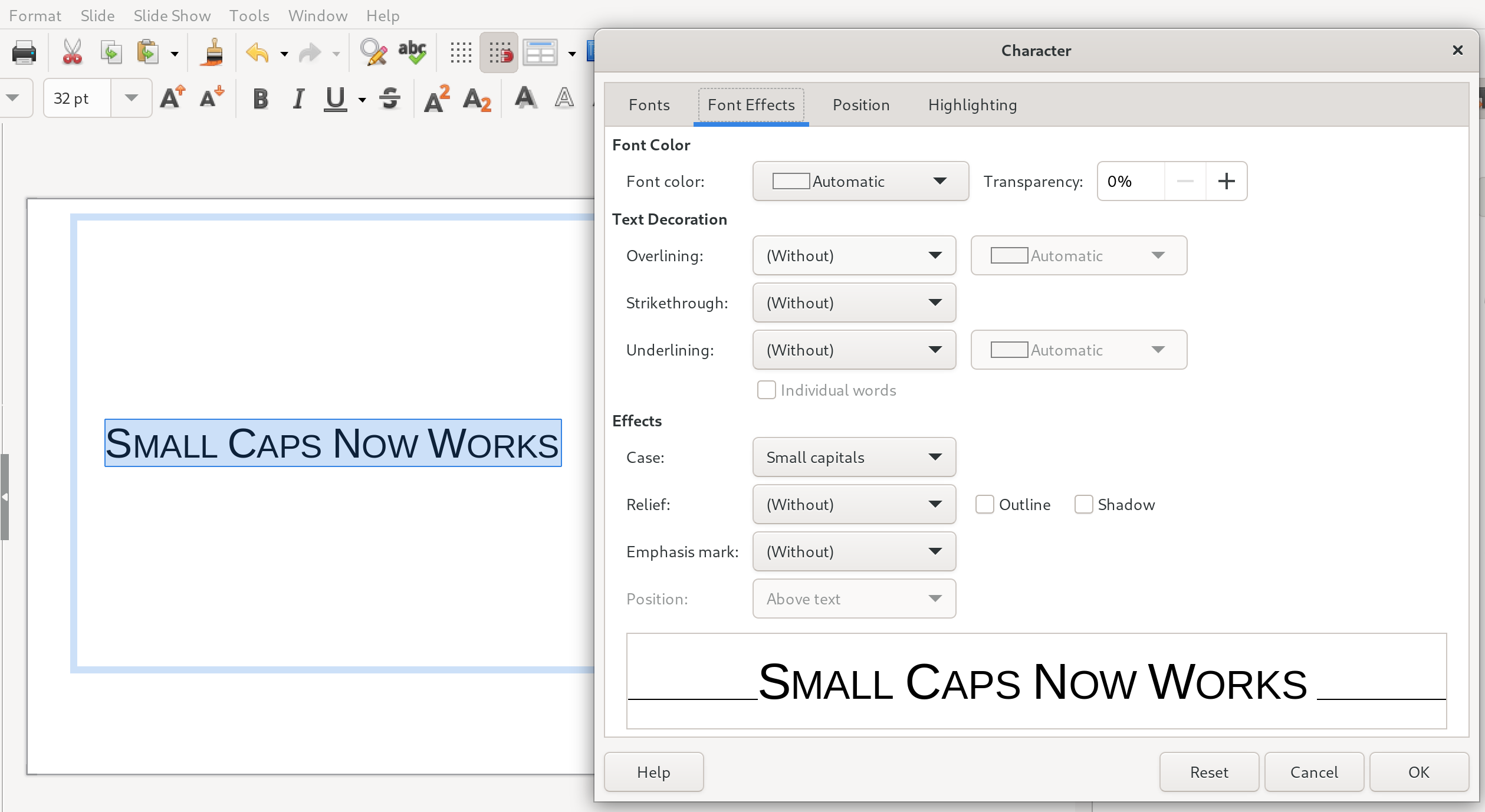 Capture d'écran de la nouvelle fonctionnalité en action, avec la chaîne de caractères "Small Caps".