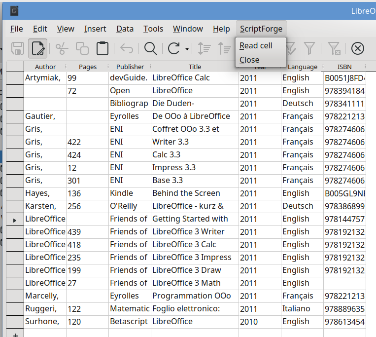 A table as a result of a query, showing a custom menu.