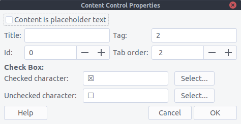 finestra di dialogo delle proprietà del contenuto dei campi di controllo di LibreOffice