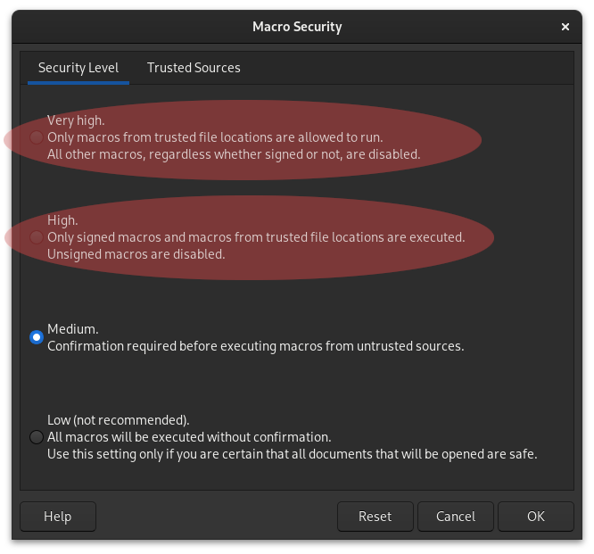 Options Macro security page with highlighted changes
