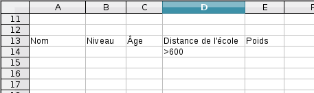 Table de 'critère' des fonctions de base de données de Calc