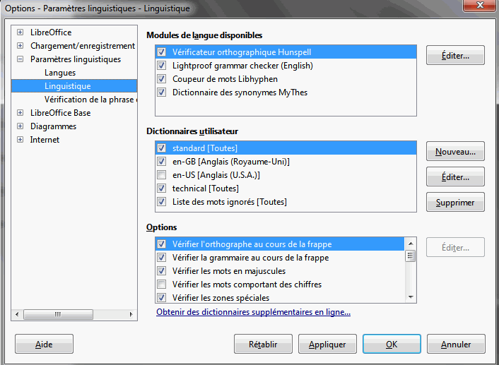 capture d’écran de la boite de dialogue correspondante Options, Paramètres linguistiques, Linguistique