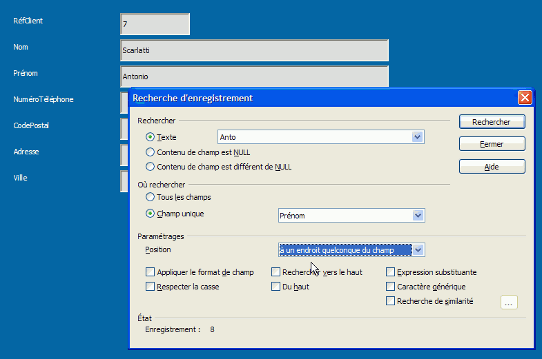 copie d'écran formulaire et dialogue Rechercher