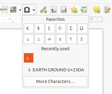 Capture d'écran du menu déroulant des Caractères Spéciaux montrant le caractère "prise de terre" sélectionné, avec sa description (en anglais) "⏚ EARTH GROUND U+23DA" en dessous.