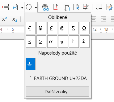 Snímek obrazovky s rozbalovacím seznamem Speciální znak zobrazující vybraný znak „earth ground“ (uzemnění) s popisem „⏚ EARTH GROUND U+23DA“.