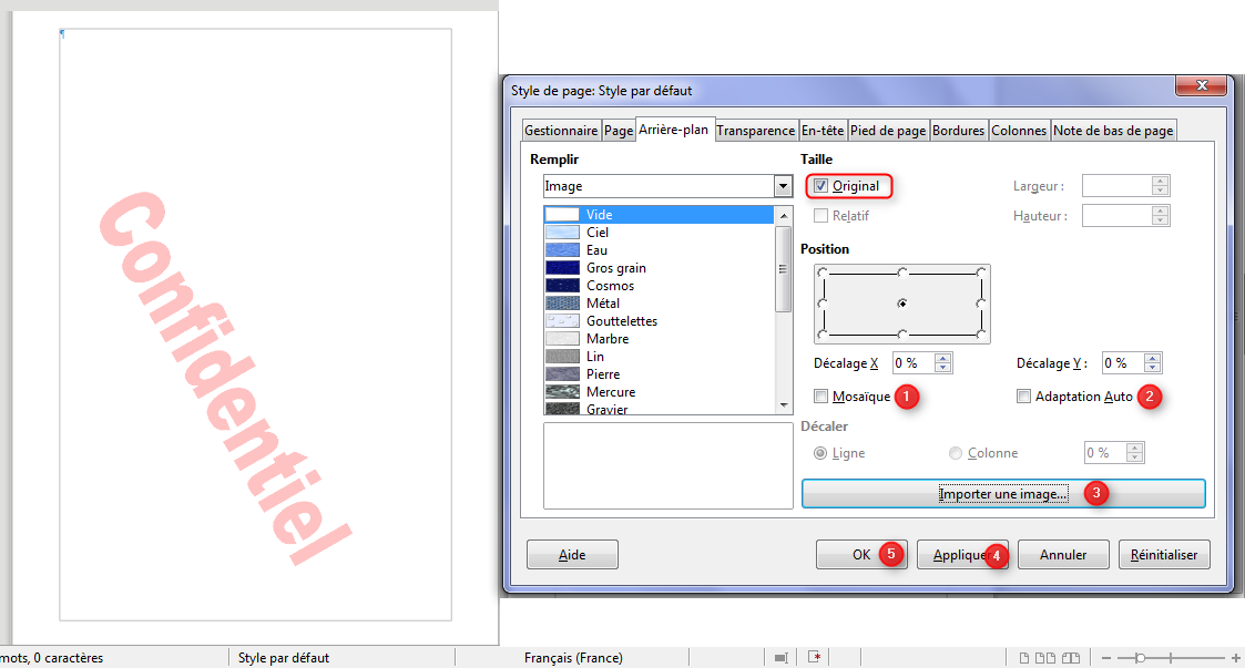 copie d'écran insertion du filigrane Confidentiel à la page