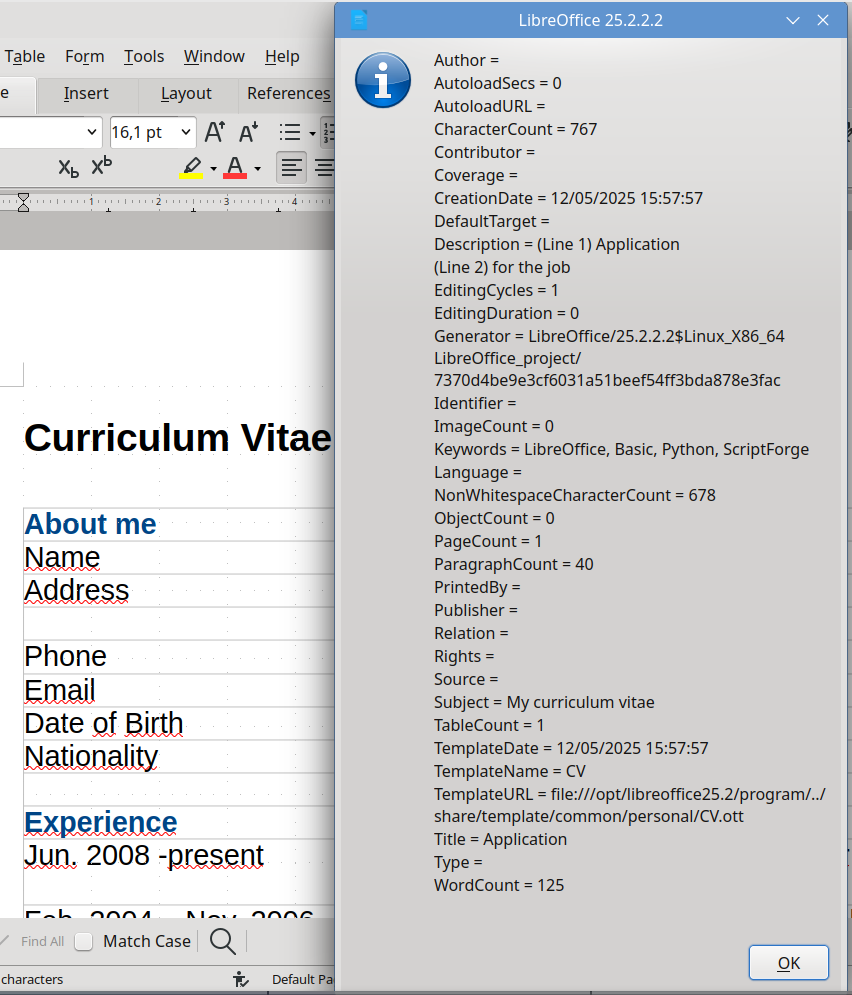 Dialog showing document properties as Python dictionary