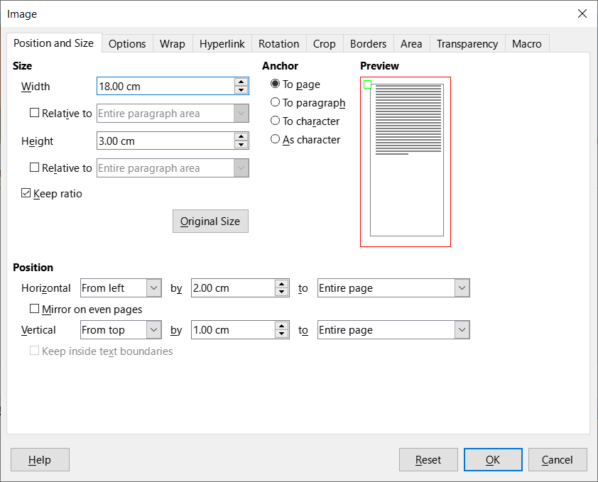 "Image" - Tab "Position and Size" dialog