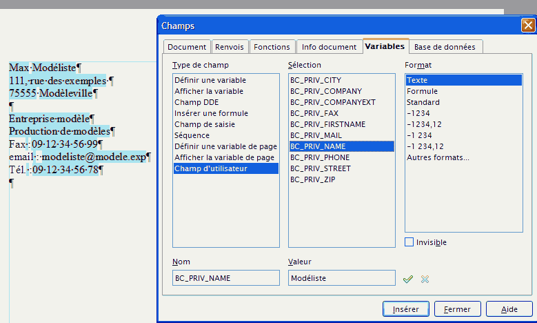 copie d’écran autotexte avec champs utilisateur