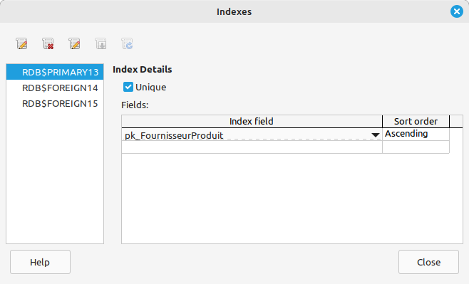 DB table indexes dialog