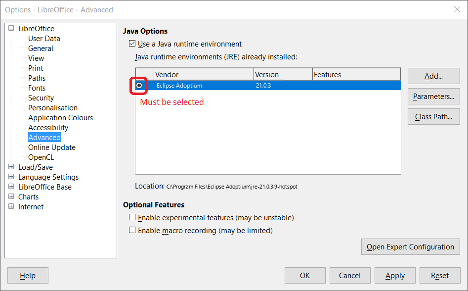 Options LibreOffice Advanced Eclipse.png