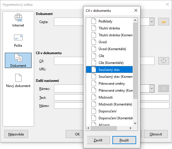 Dialogové okno Cíl dokumentu