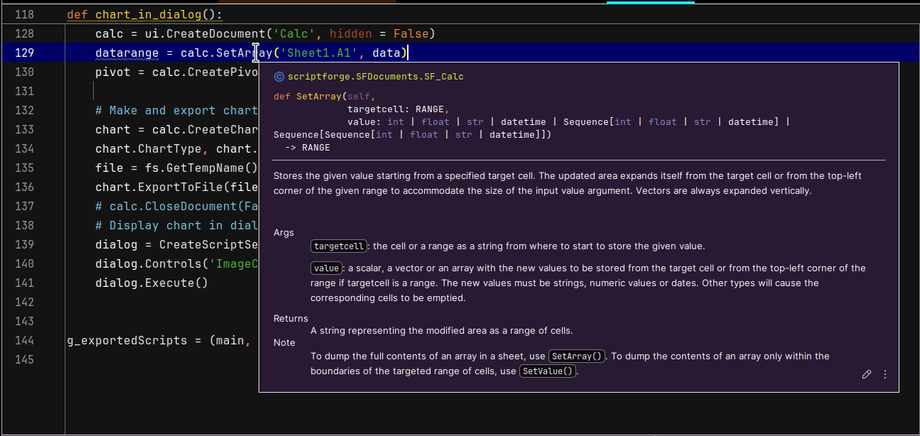 Dei popup di documentazione appaiono quando si posiziona in puntatore del mouse sopra un metodo ScriptForge nella IDE PyCharm Community