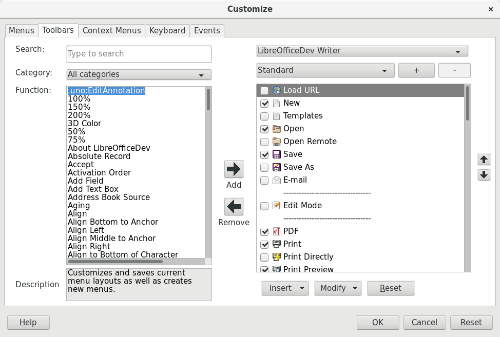 Toolbar tab of the new Customize dialog